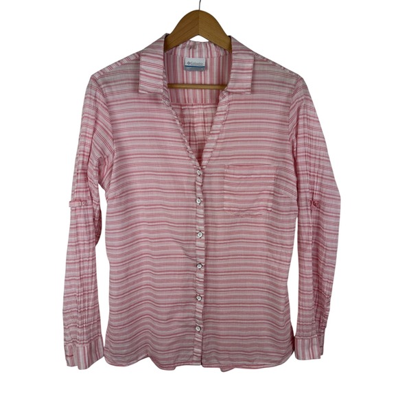 Columbia Tops - Columbia Pink Striped Shirt Large Roll Tab‎ Lightweight Outdoors Coastal Hiking